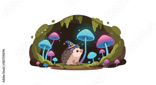 Enchanting hedgehog adorned with a wizard hat amidst glowing mushrooms in a mystical forest.