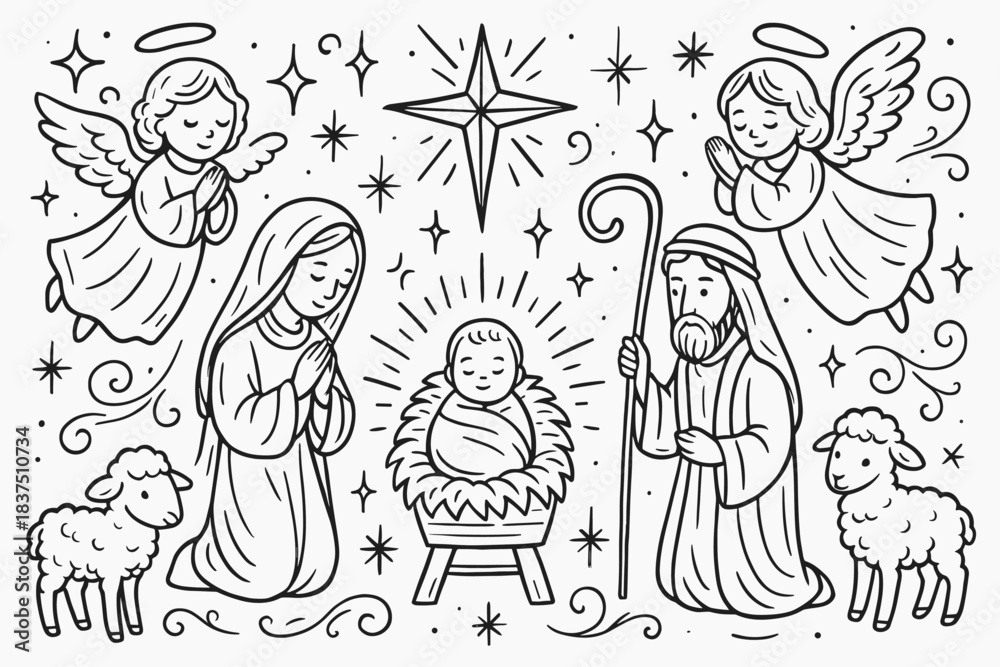 Fototapeta premium Nativity scene linear icon set. featuring mary, joseph, baby jesus, angels, sheep, and star symbols