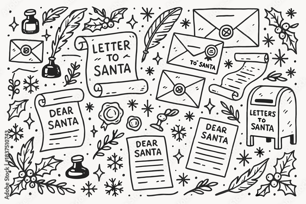 Obraz premium Holiday linear icon set. featuring letter, envelope, mailbox, feather, and holly symbols