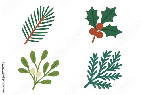 Festive plants flat icon set. featuring mistletoe, holly, spruce, pine symbols
