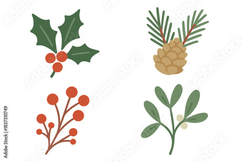 Holiday plants flat icon set. featuring holly, pinecone, berry branch, mistletoe symbols