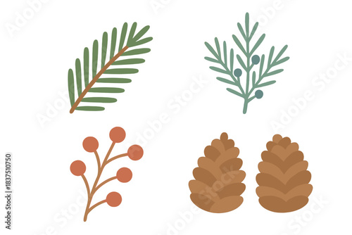 Nature elements flat icon set. featuring pine branch, juniper, rowan berry, and pinecones symbols