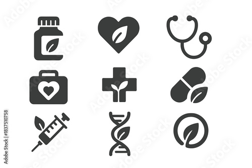 Healthcare and nature silhouette icon set. featuring heart, stethoscope, pill, syringe, and dna symbols
