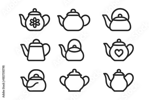Kitchenware silhouette icon set. featuring teapot, kettle, teacup, coffee pot, and mug symbols