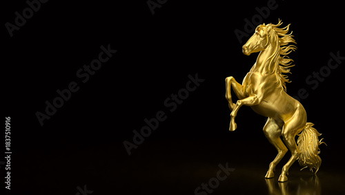 Majestic Golden Rearing Horse Statue on Dark Background 3d render.