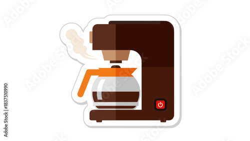 Brown Automatic Drip Coffee Maker with Orange Handle and Glass Carafe Filled with Dark Coffee Steam Rising from Top on a Black Background with White Border