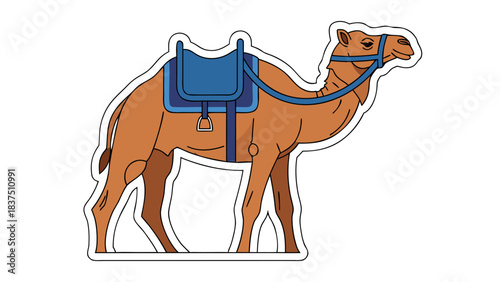 Brown Camel with Blue Saddle and Bridle Standing Against a Black Background Detailed Vector Illustration