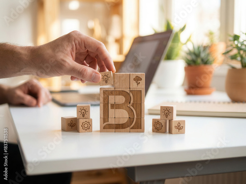 Brand identity development and arranging cubes to form a recognizable logo using wooden cubes, symbolic icons, human hand, natural depth of field, soft blurred background, clean white desk