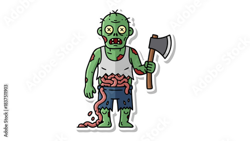 Cartoon Green Zombie Holding Axe With Exposed Intestines Ripped Clothes And Undead Eyes Isolated On Black Background
