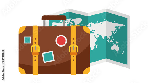Brown Leather Suitcase with Travel Map Background Showing World Continents in Teal and White Colors Detailed Flat Illustration.