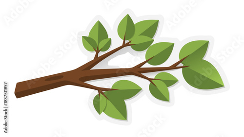 Brown Tree Branch with Vibrant Green Leaves Against a Black Background with White Border Artistic Illustration