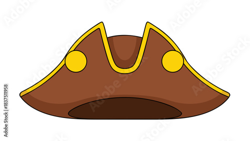 Brown Tricorne Hat with Yellow Accents and Flat Design on Black Background Nautical and Pirate Themed Headwear