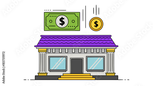 Cartoon Bank Building With Gold Coin and Dollar Bill Illustration Representing Financial Transaction and Business Transaction in Vibrant Colors on Black Background