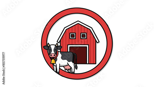 Cartoon Barn and Cow Emblem with Bell in Red Circle Frame Illustration