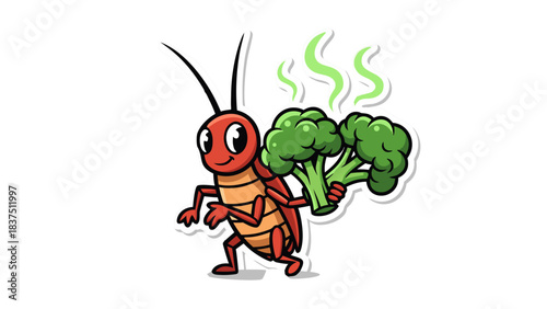 Cartoon Cockroach Character Holding Stinky Broccoli With Green Smelly Vapors In A Playful Illustration Style Isolated On A Black Background
