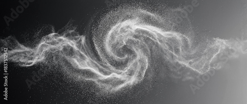 Abstract dynamic white dust particles swirling in a vortex pattern, resembling cosmic energy or smoke on a dark, monochromatic background.