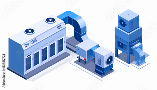 Isometric Industrial HVAC System with Air Ducts for Commercial Building Cooling and Ventilation