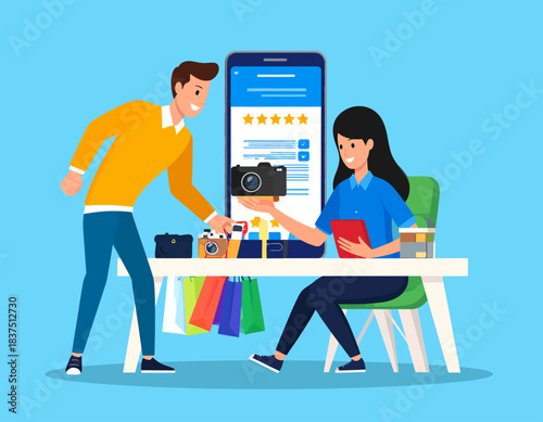 Man and Woman Shopping Online for Camera Gear, Reviewing Products on Smartphone