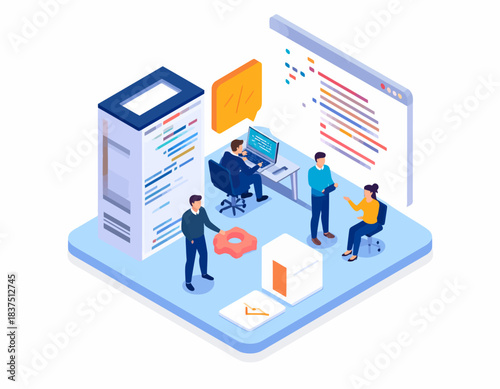 Isometric illustration of a software development team coding and managing data on an IT platform.
