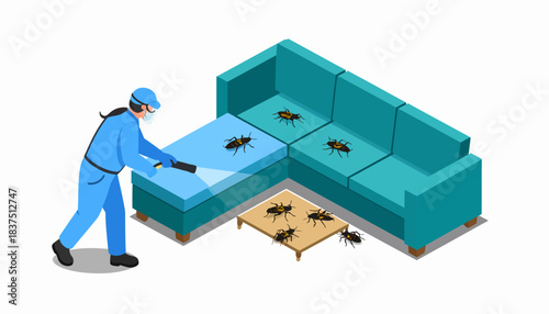 Pest Control Worker Inspecting Cockroach Infestation on Sectional Sofa and Coffee Table