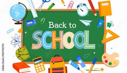 Back to School Concept with Green Chalkboard and Education Supplies. Colorful flat design illustration featuring globe, books, pencils, backpack, and learning tools.