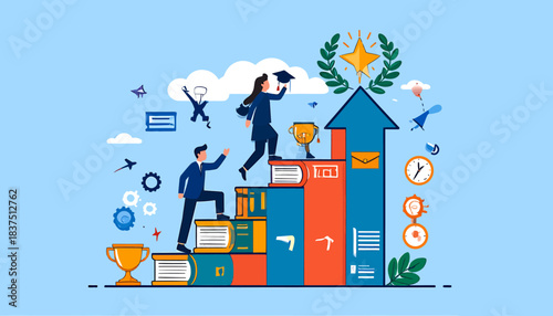 Man and woman climbing books and an upward arrow, representing education, career development, academic success, and achieving goals.
