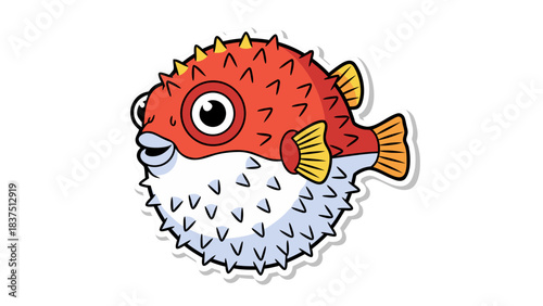 Cartoon Pufferfish Inflated Defensive Pose Bright Orange Body White Underside Yellow Fins and Red Spines Featuring Large Eyes and Open Mouth Against Black Background