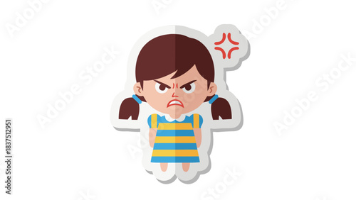 Cartoon Young Girl Showing Anger With Red Angry Face Symbol And Pigtails Wearing Blue And Yellow Striped Dress On White Background