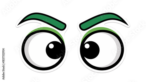 Cartoony Green Eyebrows Wide Eyes Staring Sideways Against Black Background With White Outline