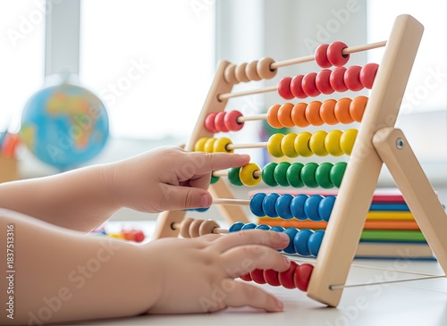 Childs Hands Counting Colorful Wooden Beads on an Abacus Desk with Globe and Books in Background Natural Daylight