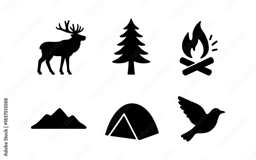 Fototapeta premium Camping and outdoors icons in a simple, minimalist black and white style