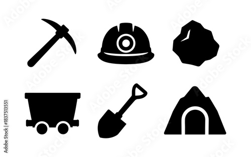 Mining tools and equipment icons set in a simple, bold, black and white style