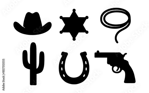 Western-themed silhouette icons including cowboy hat, sheriff badge, and cactus