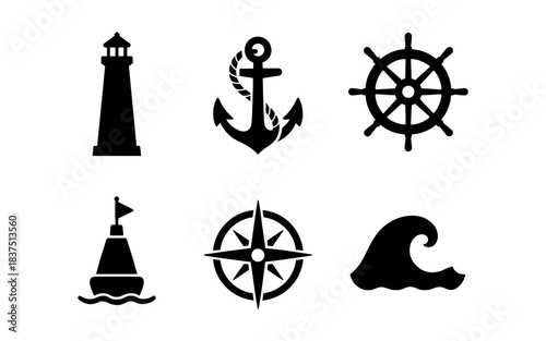 Nautical icons set: lighthouse, anchor, ship wheel, buoy, compass, and wave