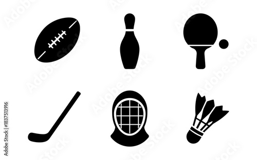 Black and white sports equipment icons on a white background