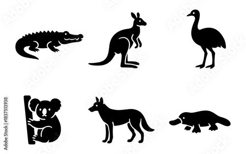 Australian Animals Silhouettes: Crocodile, Kangaroo, Emu, Koala, Dingo, and Platypus