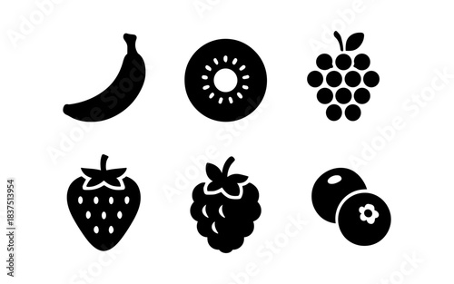 Black fruit icons: banana, kiwi, grapes, strawberry, raspberry, and blueberries
