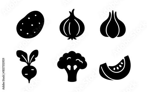 Black and white vector illustrations of various fresh vegetables