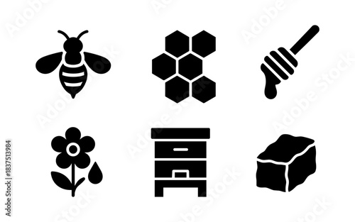 Bee-themed vector icons for honey, beehive, and related elements