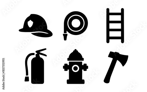 Firefighter equipment icons in black and white on a clean background