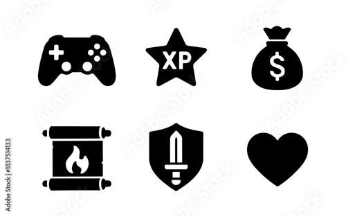 Gaming icons set: controller, experience, money, scroll, shield, and heart
