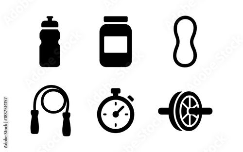 Fitness and workout equipment icons in a minimalist black and white style
