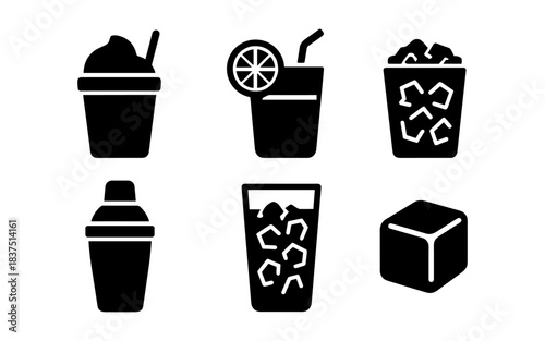 Black and white vector illustrations of various refreshing beverages and cocktail elements