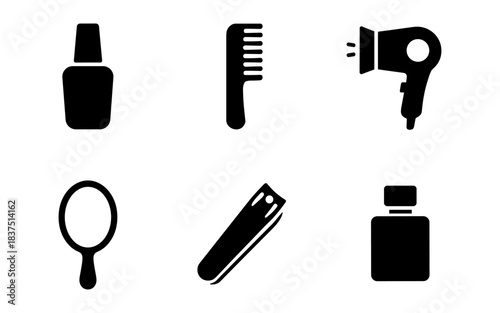 Black and white beauty icons for hair care, makeup, and personal grooming