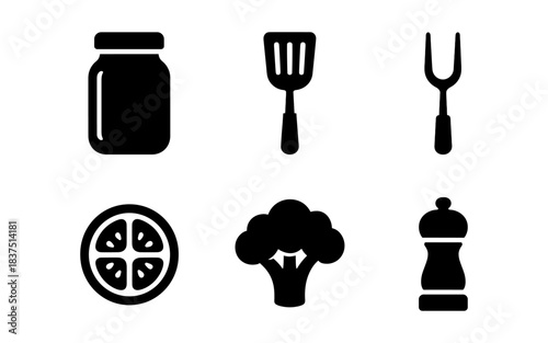Black and white kitchen icons: jar, spatula, fork, lemon, broccoli, pepper mill