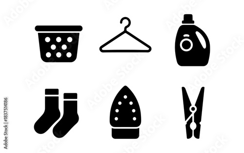 Laundry day icons: basket, hanger, detergent, socks, iron, and clothespin
