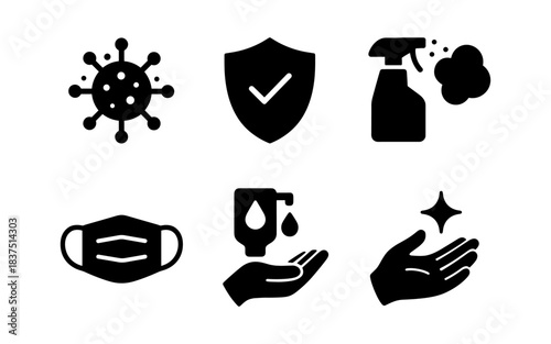 Coronavirus prevention and protection icons in black and white