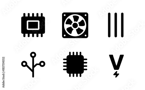 Black and white computer components icons on a white background
