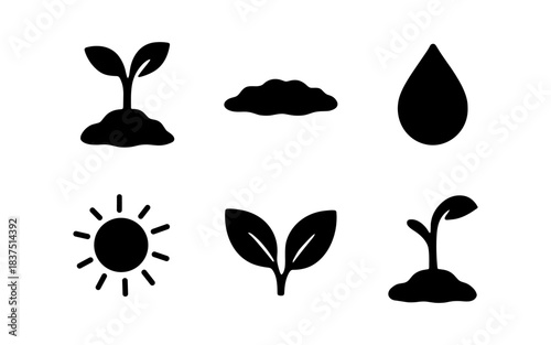 Black and white plant icons representing growth and nature elements