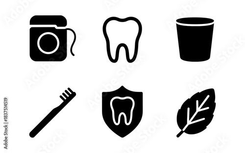 Dental care icons in black and white for oral hygiene and health